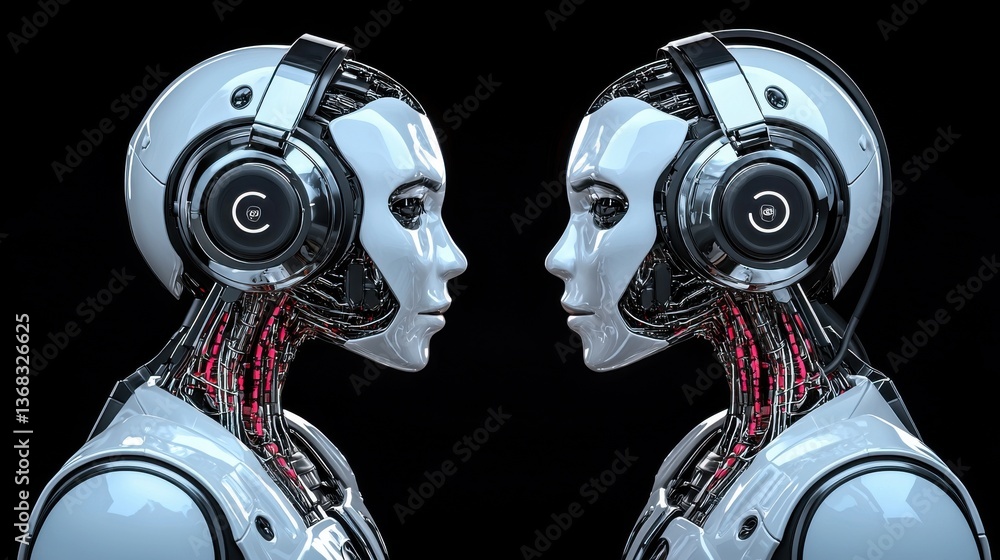 Poster futuristic ai language models showcasing adaptability in human-like robots with headphones