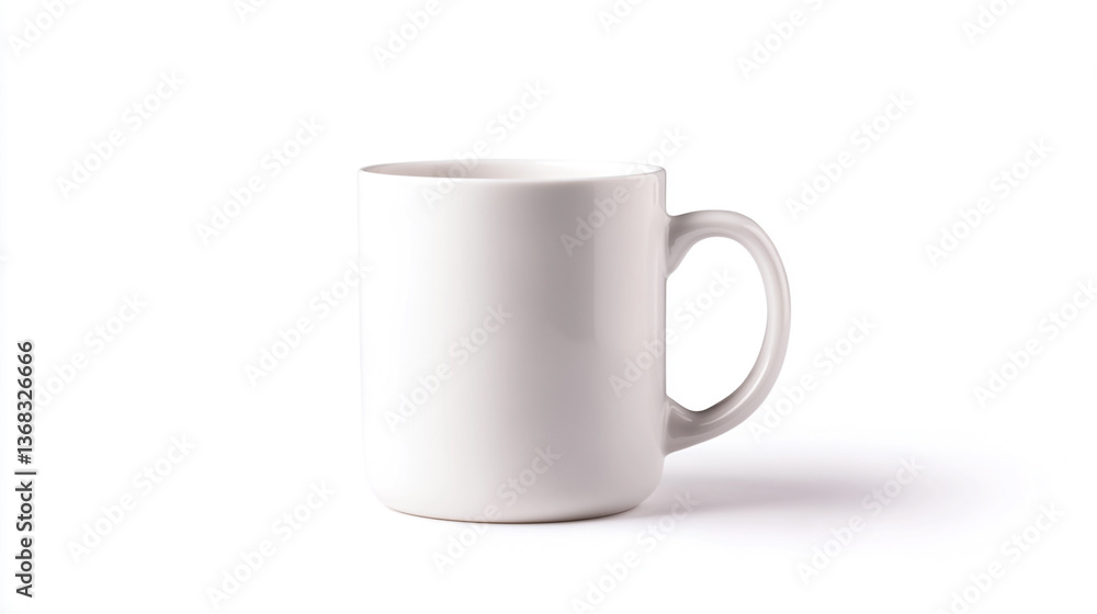 Poster a simple white ceramic mug with a handle on a white background in a studio setting with soft lightin