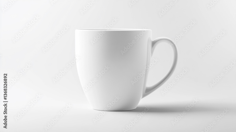 Poster a simple white ceramic mug with a handle on a white surface in a studio setting with soft lighting