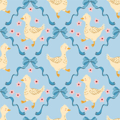 Coquette preppy bows, duck or goose seamless pattern wrapping, fabric, textile, home decor, gifts