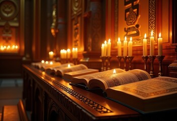vibrant candles prayer books sacred synagogue altar spiritual reflection light candles illuminated faith, illumination, decor, ceremony, decoration, objec