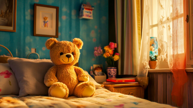 A cheerful teddy bear sits delightfully, adding a touch of warmth and nostalgia to the dreamy setup