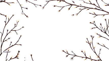 Illuminated branches, glowing buds, winter decor frame, cut out transparent