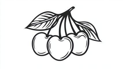 Hand-Drawn Illustration of Cherry Fruit with Leaves in Black and White