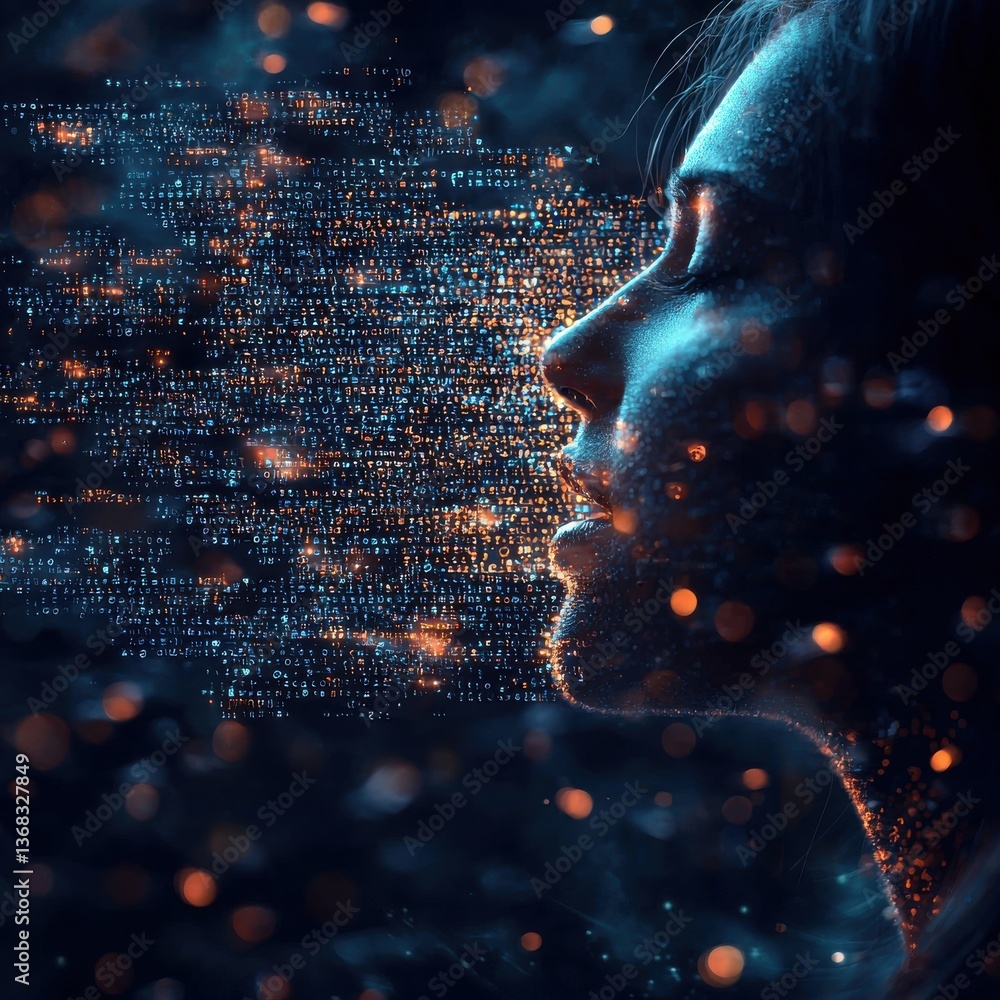 Poster futuristic portrait of a woman surrounded by digital language model data visualization and ai adapta
