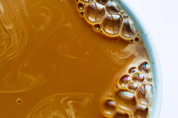 Hot coffee drink texture macro,Coffee foam with bubbles as a background. Top view,Hot coffee bubble...