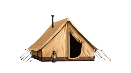 Vintage canvas camping tent with stovepipe and lantern, cut out transparent