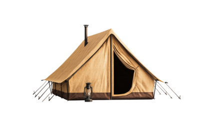 Vintage canvas camping tent with stovepipe and lantern, cut out transparent