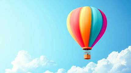 Obraz premium A colorful hot air balloon icon gracefully floating in a bright blue sky with soft, fluffy clouds