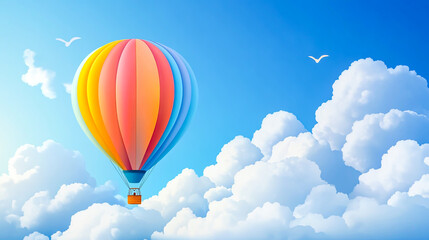 Fototapeta premium A colorful hot air balloon icon gracefully floating in a bright blue sky with soft, fluffy clouds