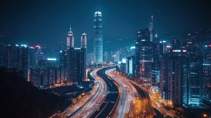Fototapeta premium Illuminated cityscape showcasing a highway bustling with vehicular light trails