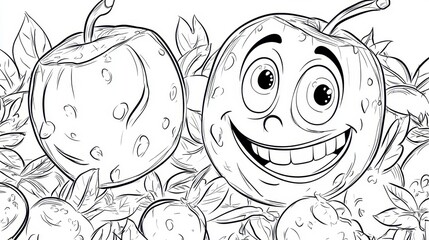 Fototapeta premium Cartoon Apples with Smiling Face Surrounded by Leaves and Fruits