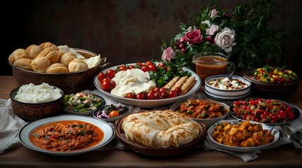 Beautifully Arranged Traditional Dining Table Setting with Elegant Tableware, Gourmet Meal, and Decorative Elements for a Formal Occasion or