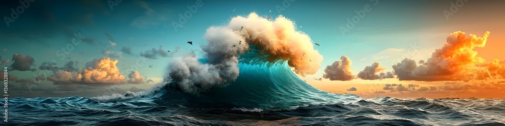 Poster a captivating 3d rendering depicting the majestic power and movement of ocean waves with turbulent s