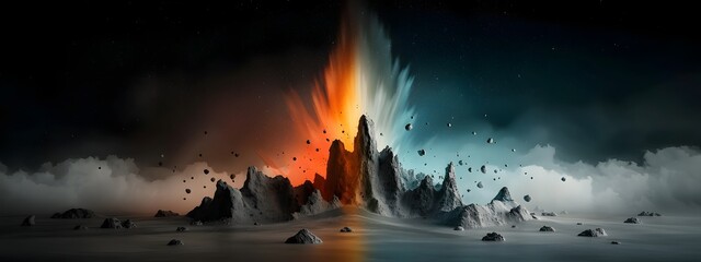 Fototapeta premium A captivating and visualization of a powerful volcanic eruption with molten lava and explosive forces shaping a surreal and mysterious mountainous terrain