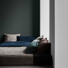 Cozy bed with various pillows in a dark-toned bedroom. Natural light streams through the window