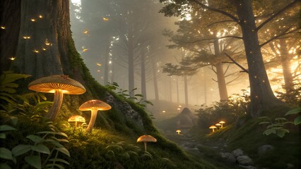 A dense enchanted forest with soft golden sunlight filtering through misty trees, glowing mushrooms, and fireflies creating a magical atmosphere. Ultra-detailed, high-resolution, cinematic lighting