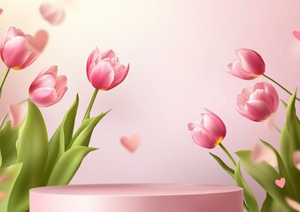 Pink podium background with tulips and hearts for product presentation, vector illustration. Pink podium background with tulips on pastel color wall for showcase mockup design. 