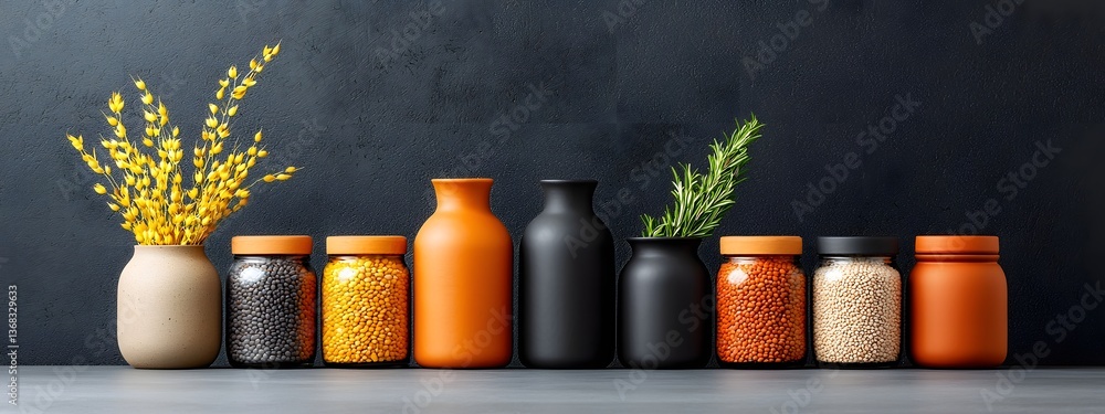 Poster a carefully arranged assortment of earthenware bowls and jars showcasing an elegant selection of nat