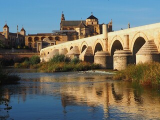 Fototapeta premium View of the Roman Bridge and Mezquita in Cordoba, Andalusia, Spain on a sunny day.