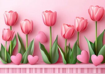 Pink podium background with tulips and hearts for product presentation, vector illustration. Pink podium background with tulips on pastel color wall for showcase mockup design. 