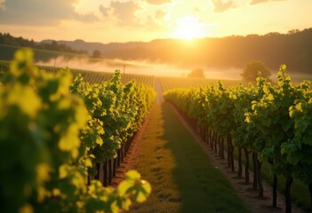 Obraz premium vibrant vineyard rows basking golden hour light glow lush green grapevines fertile fields agricultural harmony, landscape, agriculture, vegetation, growth