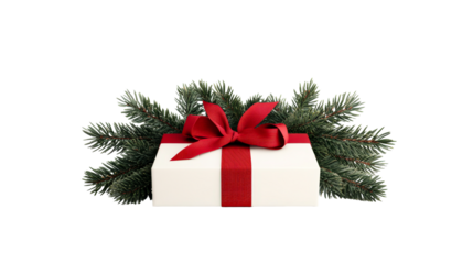 Elegant gift box with red ribbon, Christmas tree branches, cut out transparent