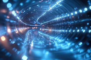 Futuristic blue tunnel with illuminated pathways weaving through a digital landscape at night