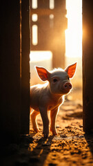 the piglet in the barn at the farm at sunrise
