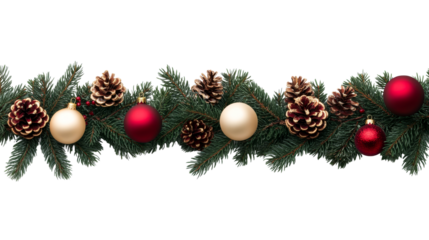 Evergreen decoration with ornamentals and pinecones, cut out transparent
