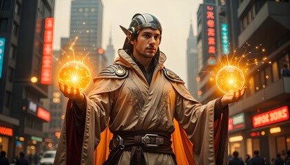 Fototapeta premium Futuristic mage manipulating energy in a high-tech environment, surrounded by glowing runes and advanced technology. A sleek metallic robe, glowing orbs, and neon cityscapes create a mysterious, magic