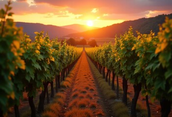 Naklejka premium vibrant vineyard rows sunset landscape colors rich harvest grapevines scenic beauty nature, garden, scenery, silhouette, twilight, meadow, field, soil, wine