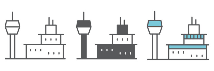 Airport building icon collection, tower and aviation, airport vector icon set, vector graphics, editable stroke outline sign, eps 10