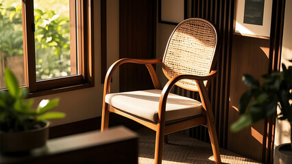 Wooden armchair with woven rattan backrest near a window, surrounded by green plants.