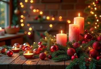 vibrant holiday decorations arrayed rustic wooden table bright festive touches colors ornaments candles, tradition, celebration, gift, display, light, twinkle