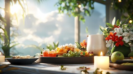 Family members gathered around a decorated altar filled with offerings, candles, and statues for a traditional cultural or spiritual ritual ceremony or in a home setting.