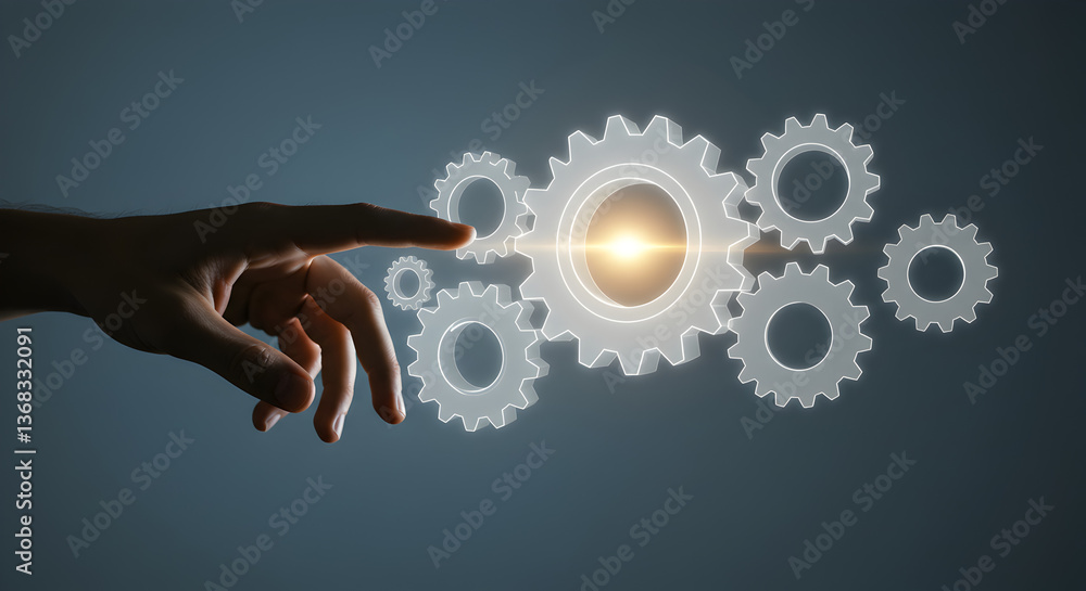Poster hand interacting with luminous white gears against dark gradient background representing technical a