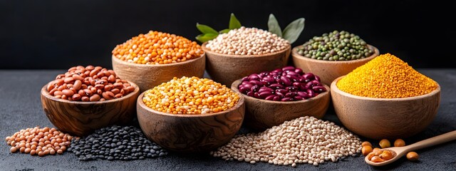 A collection of various pulses beans and grains displayed in an artful arrangement of wooden bowls captured in a natural rustic still life setting with soft lighting and muted tones