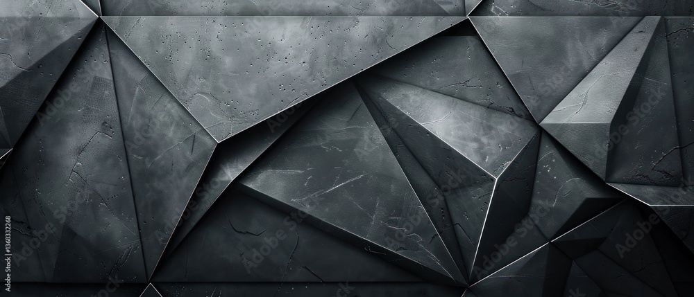 Poster black background with geometric shapes and angular lines, creating an industrial-inspired design. a 