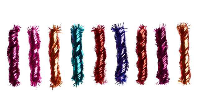 Twisted colorful garland columns, reflective festive decorations, cut out transparent