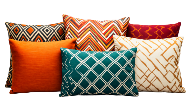 Assorted patterned decorative pillows, colorful cushions, textiles, cut out transparent