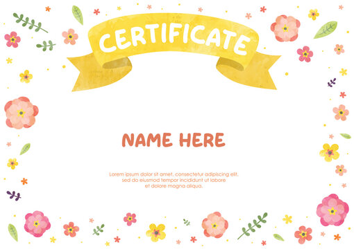 Kids children certificate background with cute ribbon banner and beautiful floral flower frame border for study award participation graduation event print template layout design