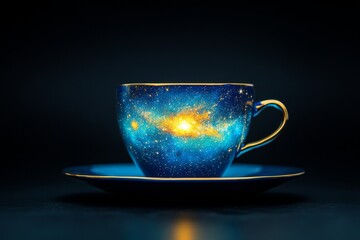Decorative teacup or coffee cup with galaxy design, cosmic starscape pattern on fantasy porcelain drinkware
