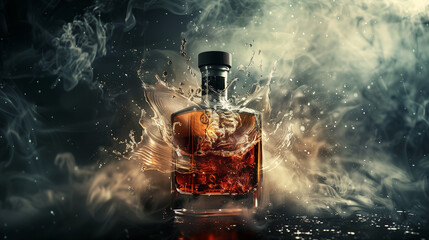 A bottle of liquor is splashing water out of it