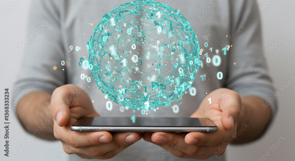 Aufkleber hands holding digital globe of data network and futuristic technology over tablet in white backgroun