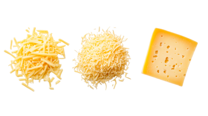 Assorted cheese variations, shredded and sliced, cut out transparent