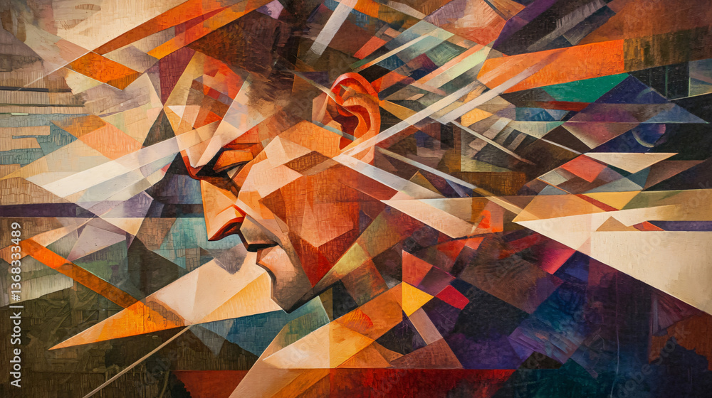 Poster a unique cubist abstraction of a man with a beard deconstructed and layered in a creative interpreta