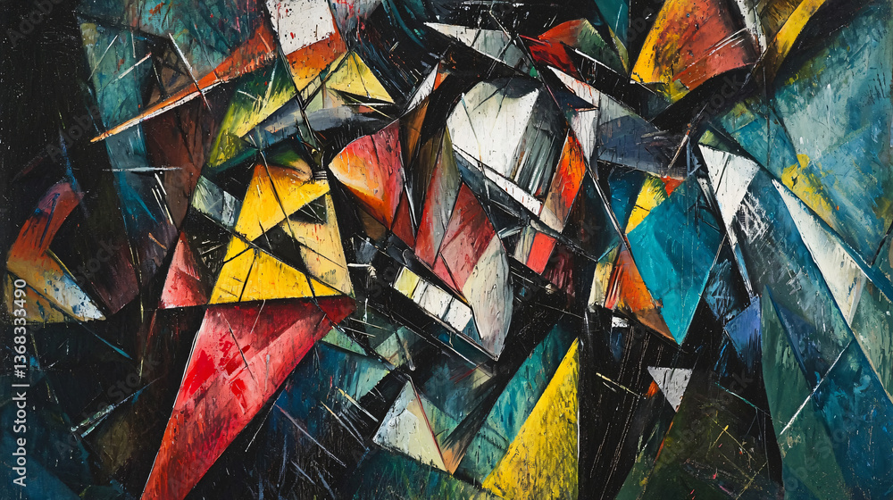 Poster an engaging cubist abstraction of colorful shapes layered and deconstructed to create a vibrant comp