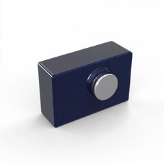 Fototapeta premium Dark blue rectangular block with a silver circular knob. Simple, modern design
