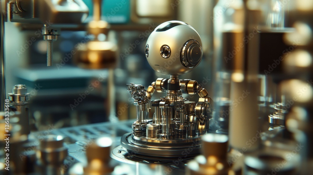Poster a small detailed robot sits inside a complex metallic mechanism